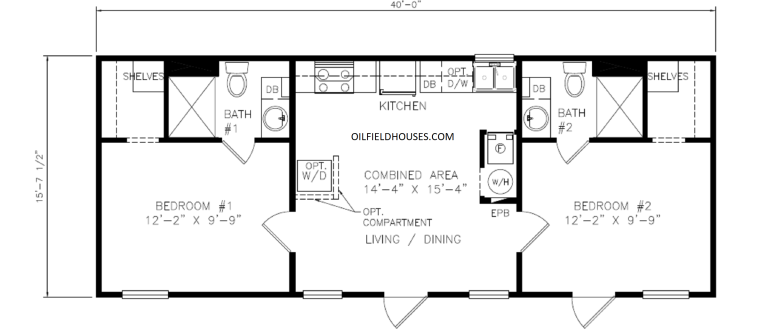 2 bedroom 2 bathroom common kitchen 16x44 floor plan